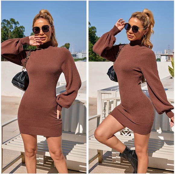 Caramel Brown Mock Neck Ribbed Long Sleeve Bodycon Pullover Mini Sweater Dress - Picture 3 of 6